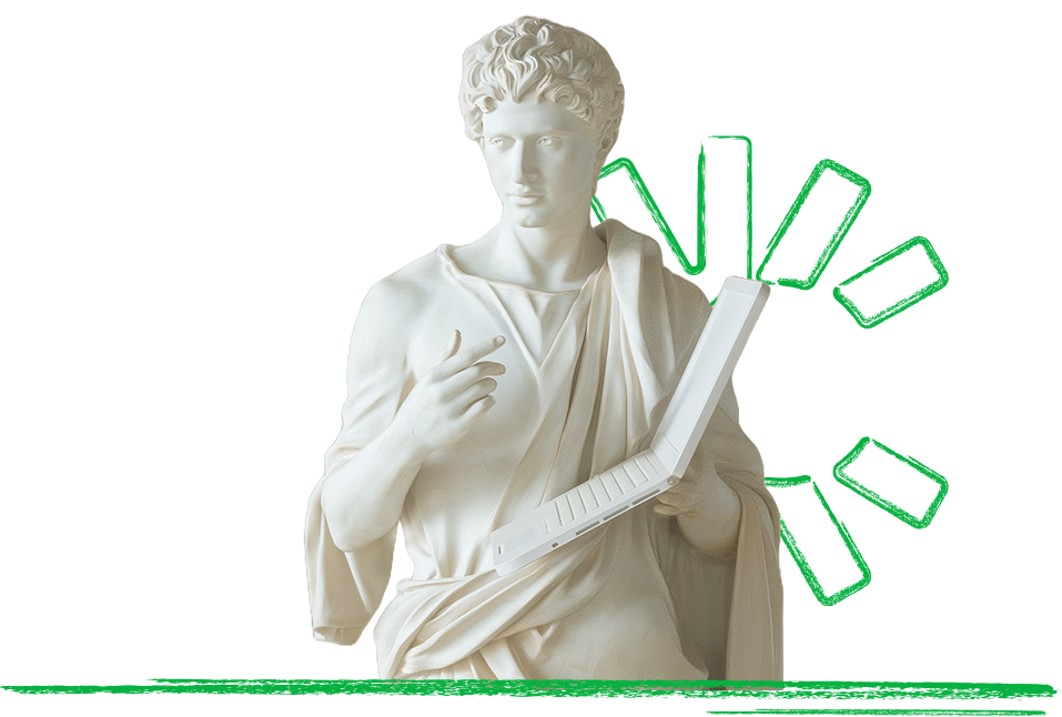 Statue with laptop representing modern branding
