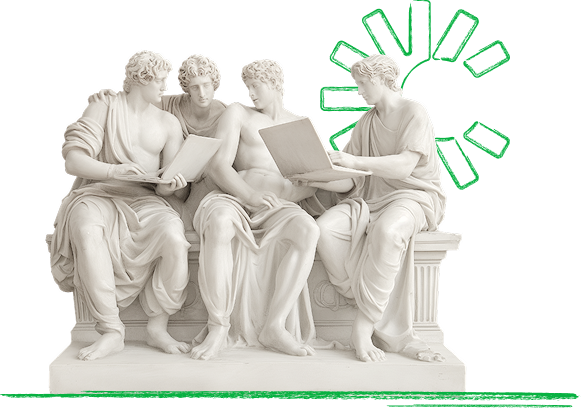 Classical statues collaborating on creative work